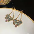 Vintage crystal butterfly tassel earrings with blue and pink stones in gold finish - 34# Stud Earrings - Gold - Green