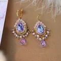 Vintage French palace style long earrings with purple crystal tassels and floral details. - 46# Ear Hook - Gold - Pink - Purple