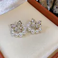 Gold-plated bow earrings with pavé zircons and white pearls, niche designer luxury jewelry. - 11 Silver Post (Bowknot Artificial Pearl) / Gold