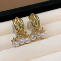 Elegant triple-hoop gold earrings with dangling stars and white pearls - 7 Silver Post (Star Artificial Pearl Pendant) / Gold