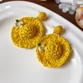 Vibrant yellow woven straw hat earrings with delicate white flower accents for summer - 4 Silver Post (Yellow Straw Hat Design) / Yellow