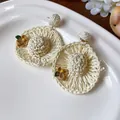 Handmade woven straw sun hat earrings with flower detail for a summer beach look - 3 Silver Post (White Straw Hat Design) / White