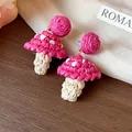 Handcrafted bohemian pink woven mushroom drop earrings with white polka dots for women - 23 Silver Post (Straw Mushroom Design) / Rose Red
