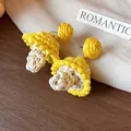 Handmade yellow and beige woven mushroom drop earrings with a rustic artisanal design - 22 Silver Post (Straw Mushroom Design-Yellow) / Yellow