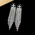 Elegant long silver plated zircon tassel drop earrings with sparkling geometric design - 35 Silver Post (Geometric Cross Long Tassel) / Silver-Black