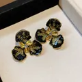 Elegant black three-leaf flower earrings with gold plating and sparkling zircon accents - 1 Silver Post (Black Enamel Three-Petal Flower) / Gold-Black