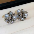 Real gold plated cluster earrings featuring grey pearls and sparkling zircons - 9 Silver Post (Grey Pearl Cluster Design) / Gold-White