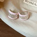 Elegant pink enamel U-shaped hoop earrings with intricate silver lattice design - 18 Ear Buckle (Light Pink Enamel) / Silver-Pink