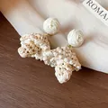 Elegant unique handmade woven cream flower earrings with straw texture and gold studs - 24 Silver Post (Straw Double Flower Stud) / Khaki