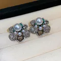 Elegant gold-plated flower earrings featuring white pearls and sparkling green and white zircons - 30 Silver Post (Retro Floral Artificial Pearl) / Gold-White-Green