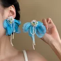 Elegant blue fabric flower drop earrings with sparkling crystal beads and long tassels - 10 Silver Post (Royal Blue Gauze Floral Tassel) / Blue-Pink-Green