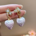 Elegant gold-plated zircon earrings featuring unique gradient pink strawberry pendants. - 27 Silver Post (Zirconia Strawberry Design) / Gold-Light Pink