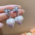 Silver floral zircon earrings with pearlescent strawberry charms, elegant design - 28 Silver Post (Silver Flower Pearl Strawberry) / Silver-Light Pink