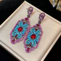 Vintage boho drop earrings with red zircon and turquoise accents on a jewelry box. - 31 Silver Post (Bohemian Colorful Zirconia Drop) / Gun Black-Purple-Blue