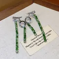 Elegant zirconia U-shaped silver earrings with long green bead tassels for women - 45 Silver Post (Green Beaded Tassel) / Silver-Green