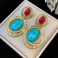 Elegant gold-plated drop earrings featuring vibrant red and teal oval stones in a unique design - 66 Silver Post (Retro Red-Blue Two-Tone) / Gold-Light Blue-Red