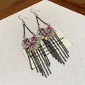Vintage-style rose dangle earrings with black chain tassels and colorful crystals - 55 Ear Hook (Gothic Rose Long Tassel) / Black-Silver-Purple