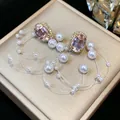 Elegant pink zircon stud earrings featuring hanging white pearl wire loops - 43 Silver Post (Pink Oval Zirconia Pearl) / Gold-Pink-White