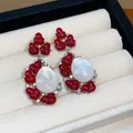 Elegant gold-plated drop earrings with red carved details and white pearlescent stone - 59 Silver Post (Carved Red Flower Drop) / Silver-Red