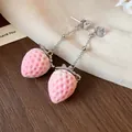 Sweet pink velvet strawberry dangle earrings with sparkling cubic zirconia studs - 49 Silver Post (Pink Flocking Strawberry Chain) / Silver-Pink