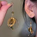 18k gold plated silver needle drop earrings with astronomical sphere design detail - Vintage Celestial Orbit Roman Numeral Pendant Earring / 15# Gold Silver Post