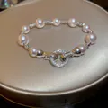 Élégant bracelet en perles roses avec un fermoir circulaire en argent serti de zircons - 7# Bracelet de Perles d'Imitation avec Boucle Ronde en Zirconia / Rose-Argent