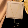 Elegant gold-plated titanium steel Y-shaped necklace with sparkling white cubic zirconia. - [AH1504] Rhinestone Tassel Necklace [Gold]