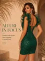 Elegant emerald green sequined mini dress featuring ruffled sleeves and lace-up back - XS / Green