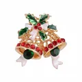 Elegant Christmas bell brooch with red rhinestones and green enamel leaves for holidays - Gold Double Bells Style (YNCP3910)