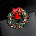 Festive Christmas wreath brooch with red bow and bell enamel holiday accessory - Holly Leaf Wreath Red Bell Style (YNCP1353花圈风铃)