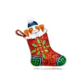 Enamel Christmas brooch pin featuring a cute puppy inside a red glittery stocking - Christmas Sock Puppy Blue Hat Style (SHYP0064)