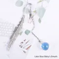Metal feather bookmark with lake blue gypsophila dried flower glass ball pendant - Lake Blue Gypsophila