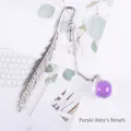 Silver feather metal bookmark with purple dried baby's breath flower pendant - Purple Gypsophila