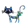 Vibrant cartoon cat enamel brooch featuring heart patterns and a crystal bow tie - Cartoon Cat Style / Blue