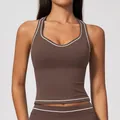 Débardeur de yoga marron professionnel avec bordure blanche et design dos nageur sportif - S / Hauts / Brun Chocolat Foncé