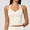 Débardeur de sport beige à dos nu avec liseré contrastant blanc pour le yoga et le fitness - S / Hauts / Abricot Avoine