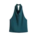 Detailed view of elegant dark teal satin halter neck top with graceful cowl neckline - XS / Tops / Dark Green