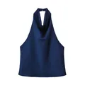 Detailed view of navy blue satin halter neck top with cowl neckline and smooth finish. - XS / Tops / Navy Blue