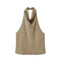 Elegant khaki silk satin halter neck top featuring a sophisticated cowl neck detail - XS / Tops / Khaki