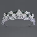 Corona de novia vintage plateada con perlas y cristales florales verdes para bodas - TS-J3262S (Plata + Diamantes de Imitación Transparentes) / Plateado