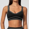 Soutien-gorge de sport de yoga noir haut de gamme avec col en U et bandes contrastées - S / Tops / Noir Premium
