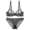 Ensemble de lingerie sexy français en maille noire transparente ultra-mince. - 70B / Haut Et Bas / Noir