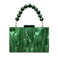 Elegant green pearlescent acrylic evening clutch bag with matching dark green beaded handle - Green