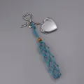 Portachiavi con medaglione a cuore argento e custodia in rete blu tessuta a mano per rossetto - Stile Intrecciato con Specchio a Cuore / Blu scuro