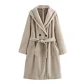 Elegant beige hooded wool coat for women with adjustable waist belt and loose fit design - XS / Tops / Khaki