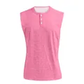 Detailopname van roze mouwloos Henley-shirt voor heren met witte knopen en textuur - M / Tops / Roze