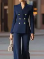 Professional navy blue pinstripe double-breasted suit set for women with golden buttons - S / Top And Bottom (AL13) / Navy Blue