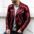 Men's wine red leather motorcycle jacket with punk zipper details - Red / M