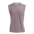 Vista frontale dettagliata di un gilet da uomo Henley color malva mélange con bottoni - M / Tops / Cuoio