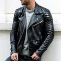 Men's black punk style biker leather jacket featuring quilted shoulder details and slim fit - Black / M